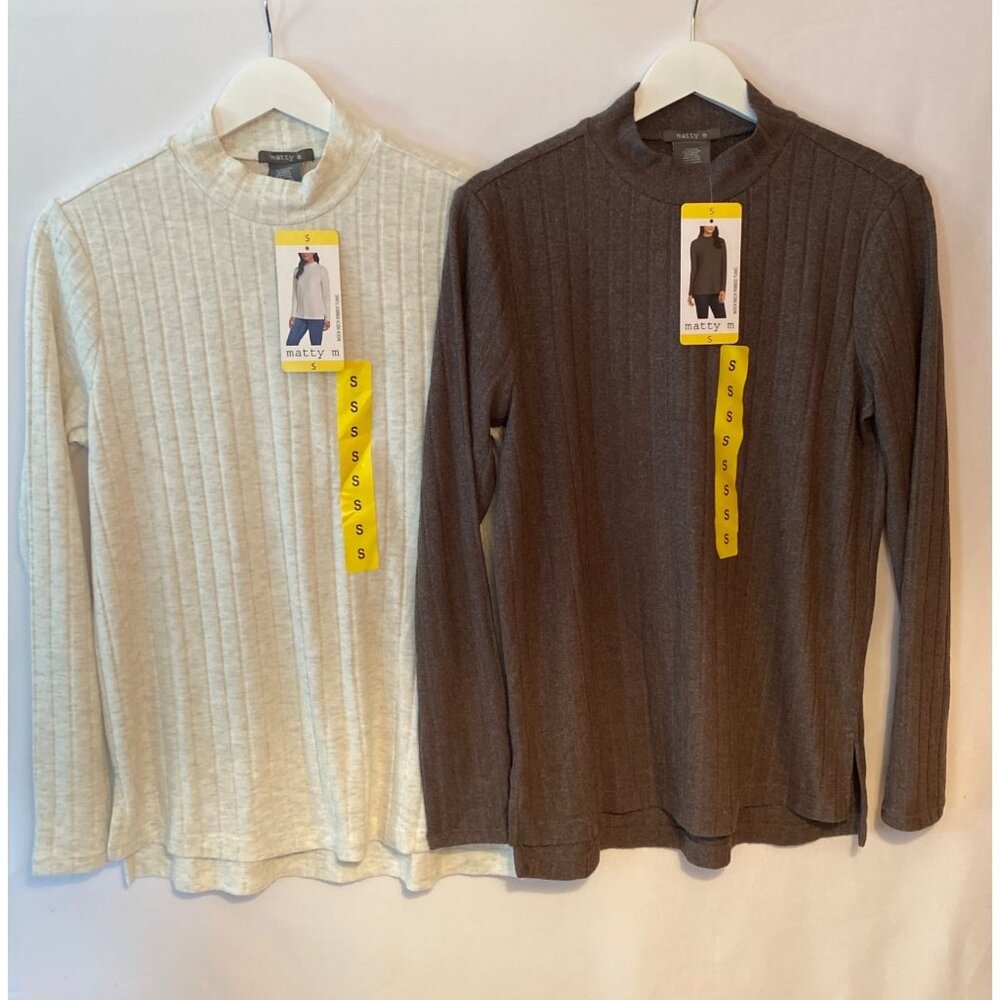 Matty M Womens Mock Neck Ribbed Tunic Shirts Lot of 2 bundle Brown & Beige Small